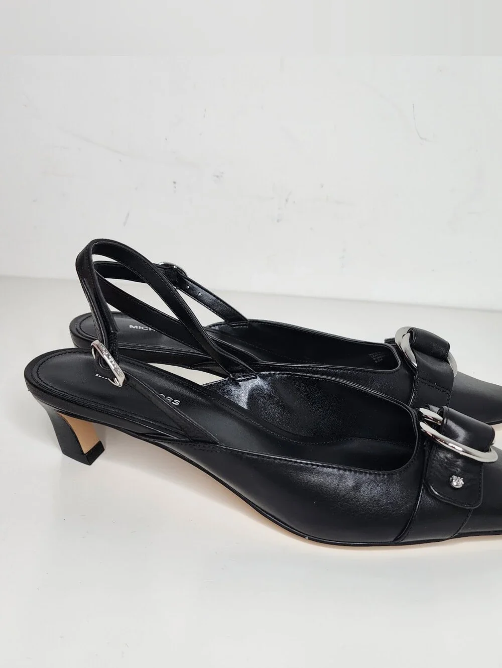 Michael Kors Jaden Black Leather Slingback Flats with Silver Ring Size 6.5